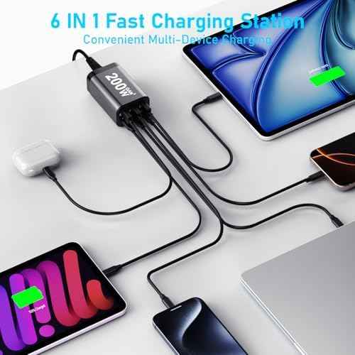 USB C Charger Block 200W Multi Port USB Fast Charging Station Hub GaN PPS PD 100W Type C Wall Charger Power Adapter for Multiple Laptop iPad iPhone 17 MacBook Galaxy S26 Android Pixel 65W 45W 30W 20W
