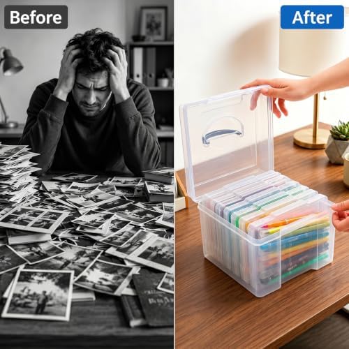 Yesland 5x7inch Photo Storage Box, 6 Inner Photo Cases Keeper with Handle, Clear Plastic Seed Organizer, Craft Storage Container for Greeting Cards Pictures Stamps Scrapbooking Office Supplies