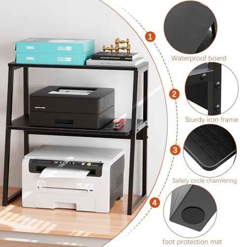 Arbuxzuy Printer Stand, Desktop Printer Shelf, 3 Tier Desk Shelf for top of Desk, Large Printer Stands Office Organization Shelves for Home Office Printer Fax Book, Black