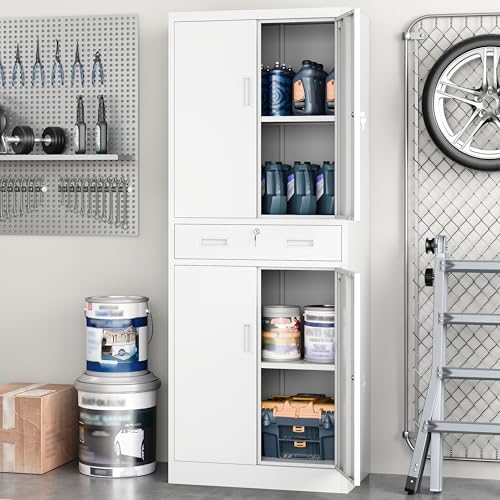 Metal Storage with 1 Drawer, 71" Cabinet with 4 Locking Doors and 2 Adjustable Shelves, Steel Storage File Cabinet for Pantry, Kitchen, Office, Garage (White)