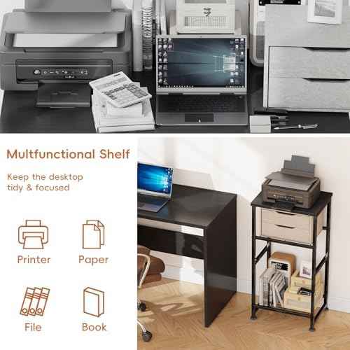 Industrial 3 Tier Printer Stand, Home Printer Wood Table with Wire Storage Shelf for Scanner Fax Machine, Heavy Duty Metal, Black with Burly Wood Board