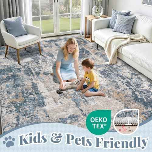8x10 Area Rugs for Living Room: Washable Abstract Rug Modern Neutral Soft Large Indoor Rugs Non Slip Low Pile Carpet for Bedroom Dining Room Office Children's Room(Blue Brown, 8'x10')
