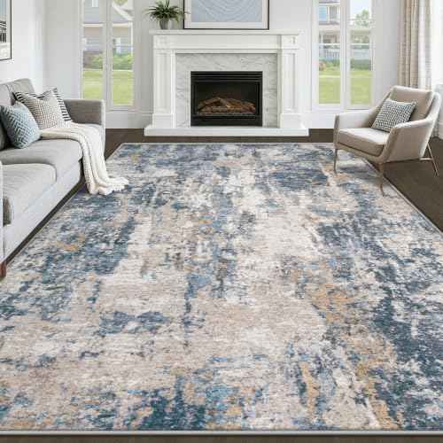 8x10 Area Rugs for Living Room: Washable Abstract Rug Modern Neutral Soft Large Indoor Rugs Non Slip Low Pile Carpet for Bedroom Dining Room Office Children's Room(Blue Brown, 8'x10')
