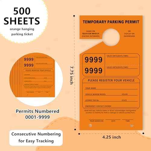 500 Pcs Orange Parking Permit Hang Tag 2 Part 7.75 x 4.25 Inch Mirror Hang Tags Car Hang Tags Parking Tickets Car Parking Tags Numbered Temporary Parking Passes Hanging Tag with Stub (500)
