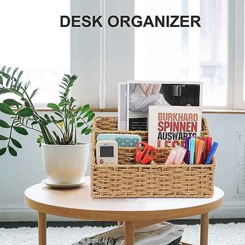 Woven Mail Organizer for Desk Countertop, Desktop Mail Holder Sorter Storage Basket with Envelope Letter File Compartments
