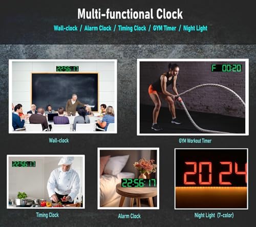 26'' Huge Digital Wall Clock, Home Gym Interval Workout Timers, with Countdown, Stopwatch, 7-Color Light, 8-Alarms, Calendar/Temperature Display, for HIIT/Tabata/FGB/EMOM (Green)