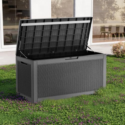 PatioZen 150 Gallon Resin Deck Box, Lockable Patio Outdoor Storage Box for Furniture, Garden Tools and Tools Storage, Waterproof Outside Storage Boxes - Black