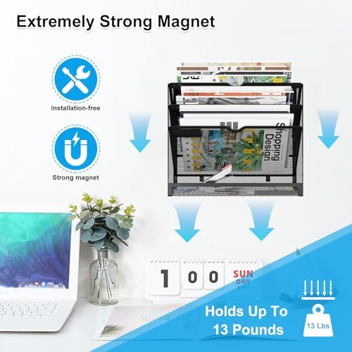 4 Tier Magnetic File Holder, Large Capacity Mesh Hanging Wall