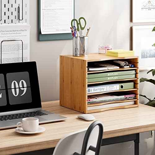 Bamjoy Bamboo 5 Tier Desktop Organizer, Paper Organizer Mail Sorter, File Holder Letter Document Storage with Adjustable Shelves for School Home Office, Natural