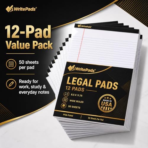 Legal Pads 8.5 x 11.75 Inch Wide Ruled Writing Pads, 12 Pack Note Pads
