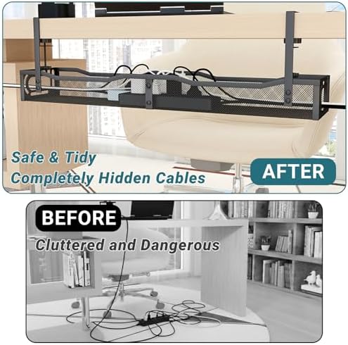 25.3-Inch Clamp-On Metal Under-Desk Cable Management Tray, Black