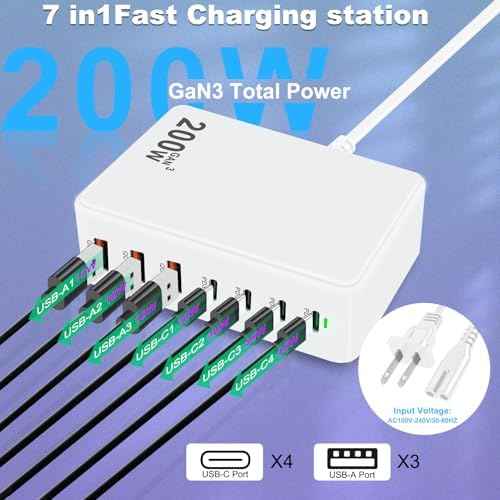 USB C Charger Station 200W PD QC3.0 GaN Fast Charging Block 7 Port (White)