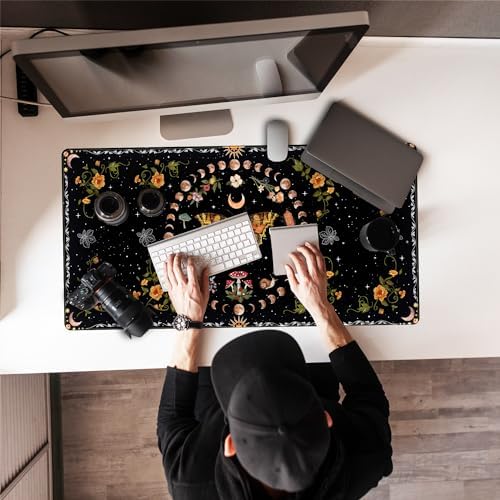 Moth Desk Pad Mushroom Phase Moon Phase Desk Mat, Boho Flowers and
