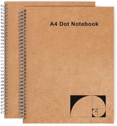 A4 Dotted Journal Notebook, 2 Pack Large Spiral Dot Grid Notebook, 200 Pages 100gsm Thick Dot Grid Paper Journal for Sketching Writing Taking Note and More - Kraft Brown Cover, 8.5" x 11"