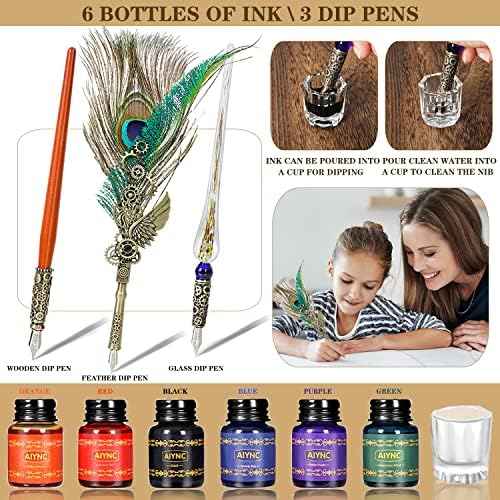 Quill Pen and Ink Set, Feather Pen Ink Set, Wax Seal Stamp Kit, Calligraphy Set, Valentine's Day Gifts for Writing Lovers Birthday Gifts, Ideal Calligraphy Gifts for Holidays(Peacock Feather)