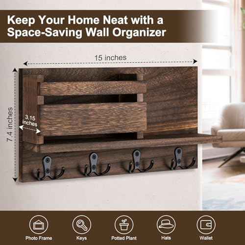 Key and Mail Holder for Wall Decorative - Rustic Mail Organizer Wall Mount, Wooden Letter Sorter Organizer with 4 Key Rack Hooks for Hallway Kitchen Farmhouse Decor (Brown)