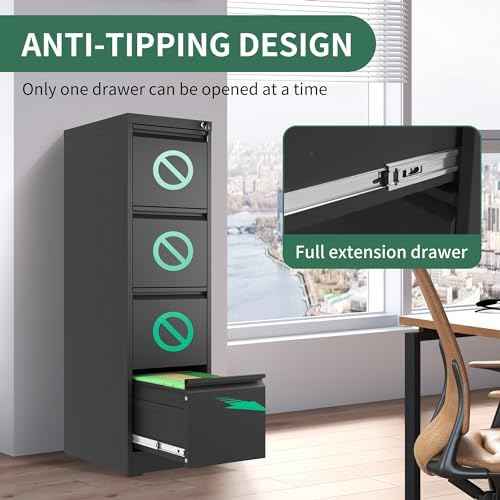 File Cabinet 4 Drawer with Lock, Vertical Filing Cabinets for Home Office, Metal Steel Storage Cabinet for Letter/Legal Size File, Assembly Required(Black)