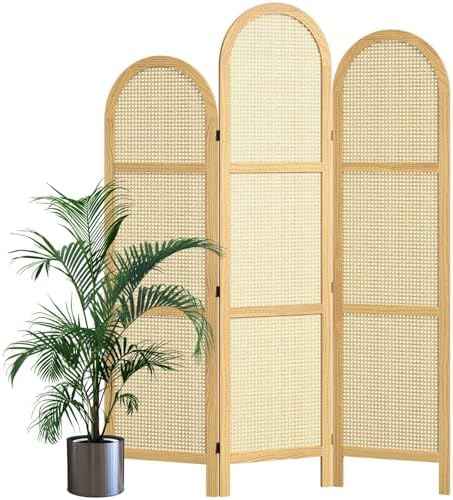 3-Panel Hand-Woven Rattan Room Divider, Tall Foldable Privacy Screen with Wooden Frame - Freestanding Portable Partition for Home Office, Bedroom, Bathroom(Natural-Wave)