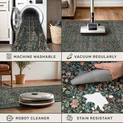 Dark Green Washable 2x8 Runner Rug Non Slip for Kitchen, Hallway, Entryway Indoor, 8ft Long Rubber Backed Low Pile Carpet Runners - Stain Resistant Vintage Floor Décor