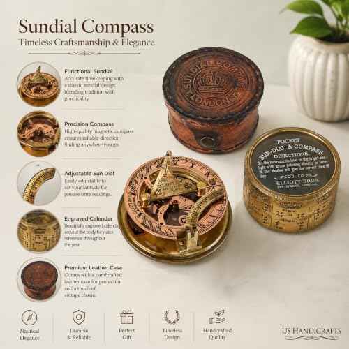 Vintage Brass Sundial Compass with Leather Case – Antique Marine