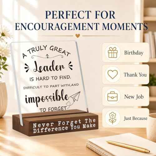 Leader Appreciation Thank You Desk Sign, Inspirational Gift for Boss Manager Supervisor, Motivational Office Decor for Women Men, Uplifting Recognition Plaque for Retirement Birthday EC334