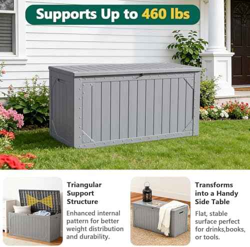 100 Gallon Outdoor Storage Box, Waterproof Resin Deck Box Organizer for Patio Cushion Storage, Lockable Outside Container for Garden Tools