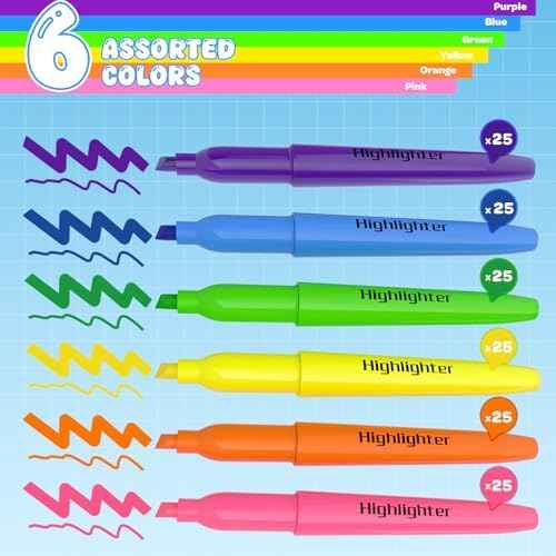 150 Count Highlighters Assorted Colors Bulk - 6 Colors Dry-Quickly No Bleed Chisel Tip Highlighter, Markers Set for Classroom Office, Back to School Supplies for Teacher Kids Adults