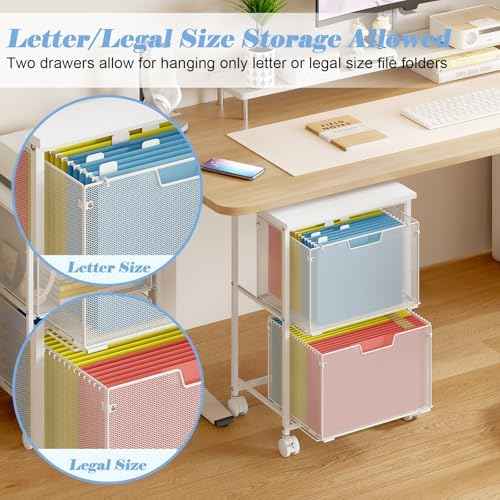 Sbanmao Letter/Legal Rolling File Cabinet, Rolling File Cart with 2 Drawers Filing Cabinet for Home Office, Hanging File Folders Organizer for Under Desk Storage, Mobile Printer Stand, White