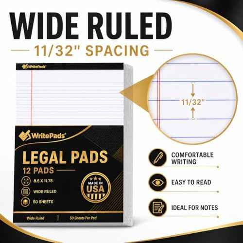 Legal Pads 8.5 x 11.75 Inch Wide Ruled Writing Pads, 12 Pack Note Pads