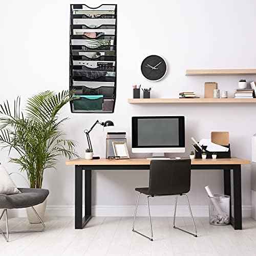 EASEPRES 10 Pocket Mesh Hanging Wall File Organizer, Wall Mounted Mail Paper Document Folder Holder, Clipboard Storage Organization Magazine Rack with Nametag Label for Office Home School, Black