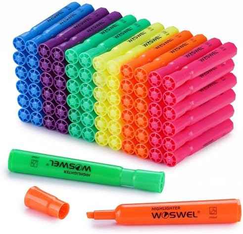 WOSWEL Highlighters Bulk, 72 Pack Tank Style Highlighters Assorted Fluorescent Colors Set, 6 Bright Colors Chisel Tip Highlighter Markers for Kid and Adult Coloring, Highlighting as School Supplies