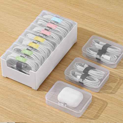 Cable Organizer Storage Box 7 Case Cable Box with Cable Straps and Label Stickers, Travel Cord Organizer for Charging Cables, USB Wires, Earphones – Drawer Organization for Home & Office