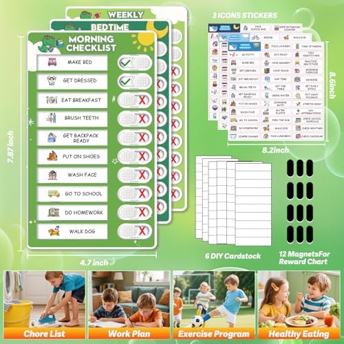 3 in 1 Upgraded Slider Bedtime/Morning/Weekly Routine Chart for Kids, Magnetic Chore Chart for Kids with Cute Chore Stickers, Cute Visual Schedule for Kid