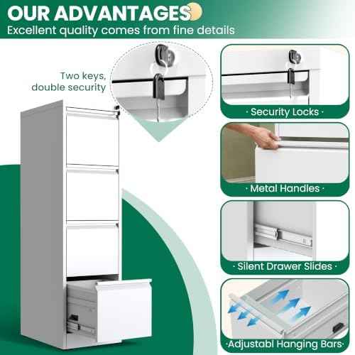 4 Drawer File Cabinet with Lock, Metal Vertical Filing Cabinet, Filing Cabinets for Home Office, Locking File Cabinet Hanging Files for A4/ Legal/Letter, Require Assembly, White