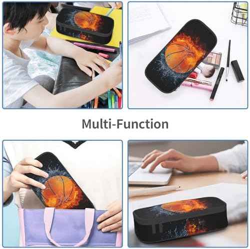 Basketball Pencil Box Black Kids Pencil Case for Boys Youth, Big Capacity Canvas Pen Pouch Marker Bag, Portable Travel Storage Box Desk Office Organizer, Sports-Themed Stationery Organization Bag