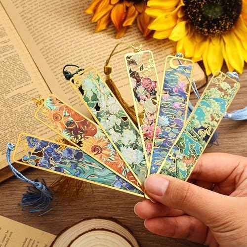 6 Pieces Metal Bookmarks with Tassel, Golden Hollow Bookmark Van Gogh and Claude Monet Oil Painting Theme Book Mark Bookmarks for Book Lovers Writers Readers Children Teens Men Women (6Pcs)