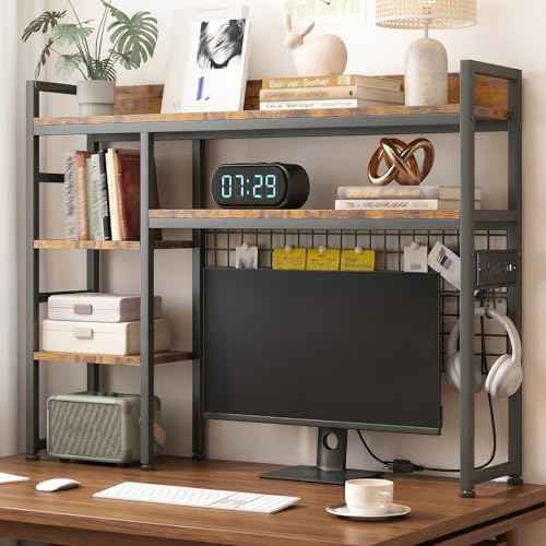 45.3" Desktop Bookshelf with Outlet, 3-Tier Adjustable Desk Hutch Dorm