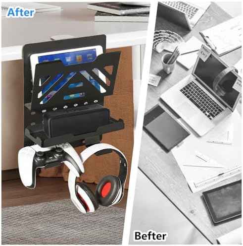 MAXECHO Desk Side Storage Holder, Metal Pegboard, Above or Under Desk Laptop Mount, Table Side Hanging File Organizer, Clamp On Cable Management Tray, Peg Board for Gaming, Office