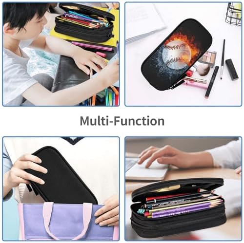 Kids Boys Pencil Box with Baseball & Water Fire Pattern Print, Sports-Themed Portable Pencil Case Storage Pouch with Zipper, Black Travel Stationery Bag Desk Organizer for School Office Supplies