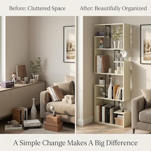 Manora Modern Geometric Bookshelf, 4 Tier Tall Bookcase with Open Display Shelves, Freestanding Storage Organizer for Living Room, Home Office, Bedroom, Rustic Industrial Narrow Shelf Unit, Off-White