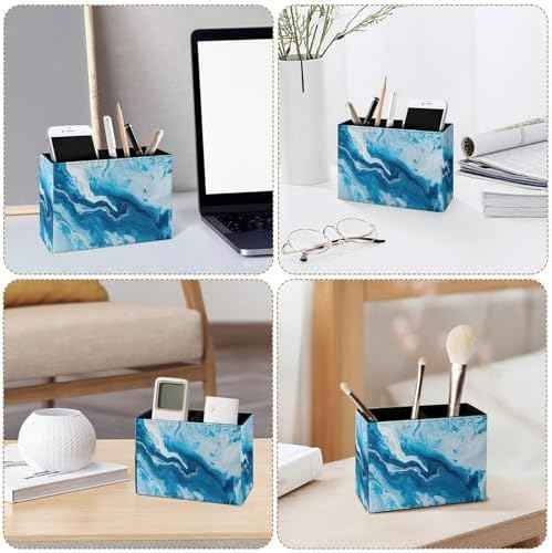 Famame Abstract Blue Marble Pencil Holder for Desk, Leather Desktop