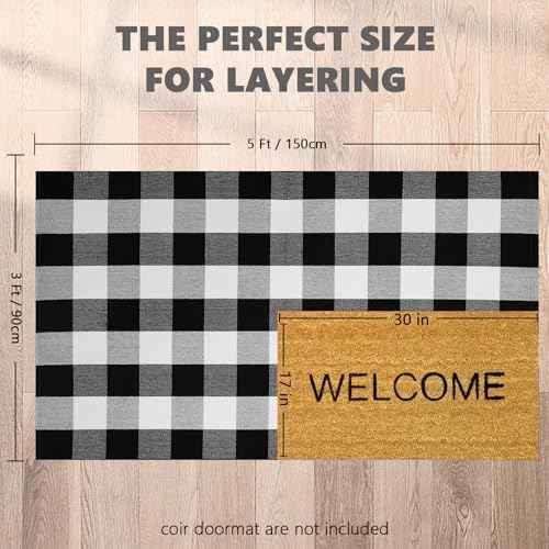Buffalo Plaid Area Rug, Checkered Rug 3x5 Ft, Black and White Rug, Washable Cotton Mat for Front Porch, Entryway, Kitchen, Living Room, Home Decor