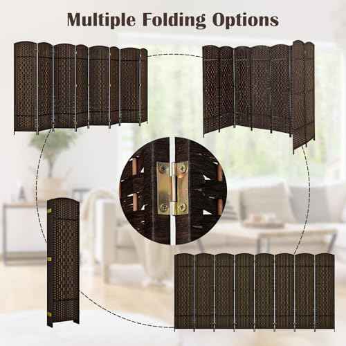 GOFLAME 8 Panel Room Divider, 6 Ft Tall Folding Privacy Screen with Hand-Woven Texture & Solid Wood Frame, Fully Assembled Wall Divider and Partition Screen for Room Separation, Brown