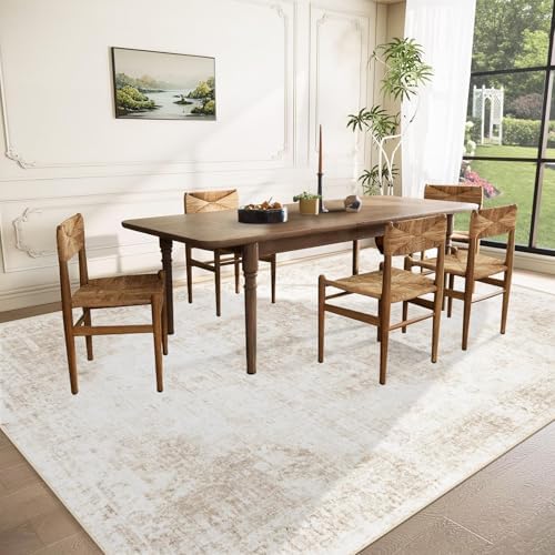 Area Rug 9x12 Washable Rug, Vintage Boho Medallion Rugs Non-Slip Soft Low Pile Large Distressed Rug Indoor Retro Carpet for Living Room Bedroom Dining Room Home Office (Beige, 9'x12')