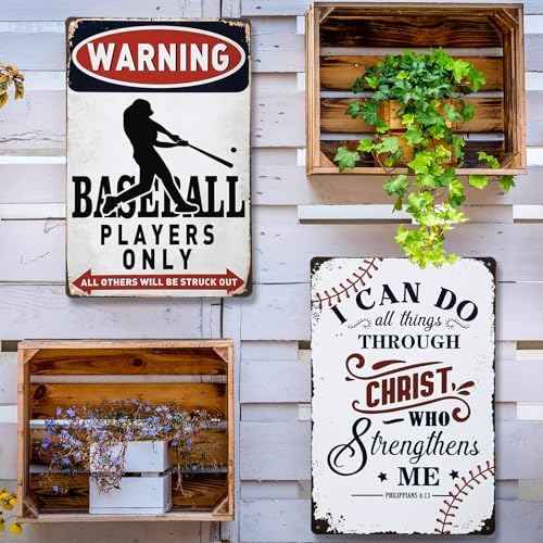 LEIFIDE 2 Pcs Baseball Tin Sign Metal Baseball Vintage Wall Decor Sign Sports Themed Gift for Boys Room Decor Bedroom Wall Art, 11.81 x 7.87 Inches