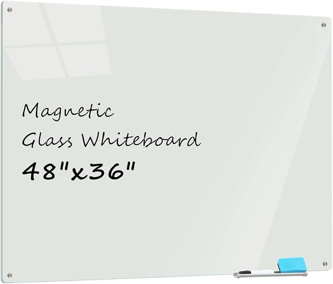Glass Whiteboard 4' x 3', Magnetic Dry Erase Board Frameless Wall Mounting by ATROSONIK