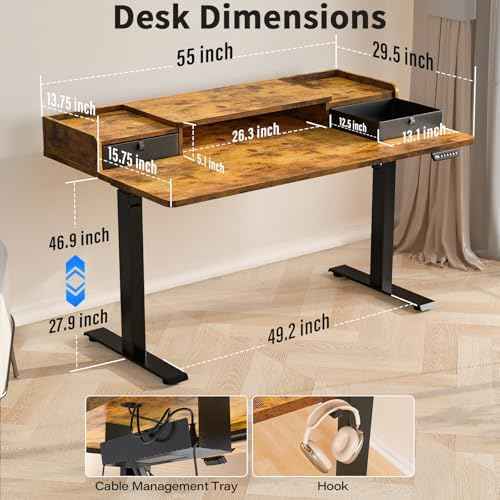 Kingant Standing Desk with Dual Drawers,Electric Height Adjustable 55"x 30"