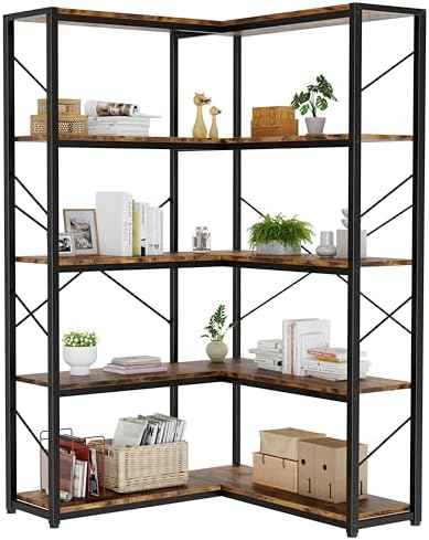 Shintenchi 5 Tier Corner Bookshelf, L Shaped Large Bookcase, Rustic Brown