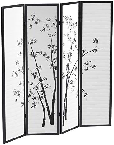 Roundhill Bamboo Print 4-Panel Framed Room Screen/Divider, black