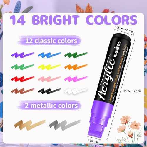 14 Colors Jumbo Markers, Jumbo Acrylic Paint Markers 15mm Wide Felt Tip Permanent Ink Pens for Poster, Rock Painting,Fabric,Glass, Wood, Stone, Ceramic & DIY Crafts, Vibrant Art Pens for Most Surfaces